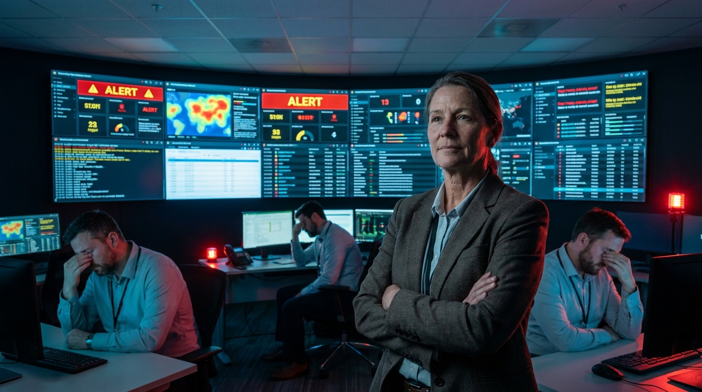 Security team overwhelmed by alert fatigue with countless notifications streaming across displays