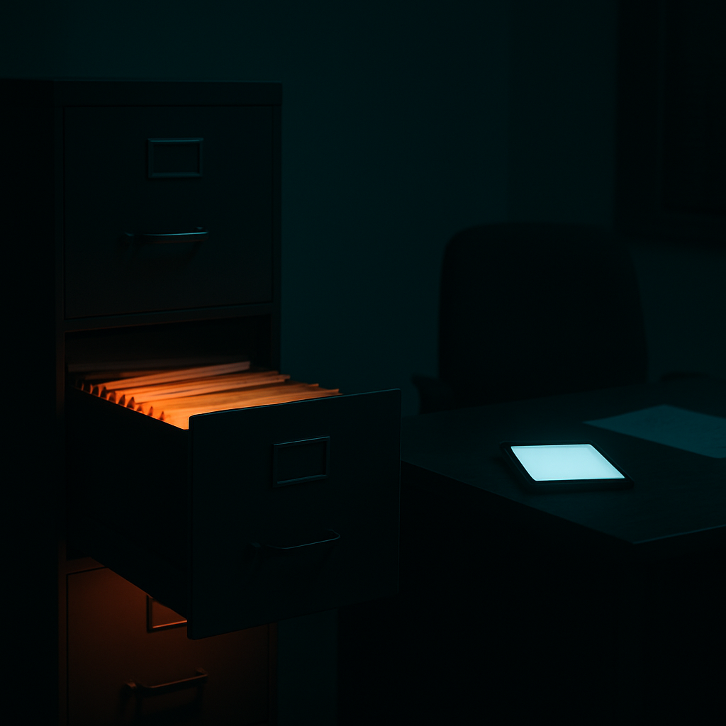 A dark office with a single open filing cabinet glowing orange while an unlocked agent icon sits calmly at the desk, keys in hand, reading a planted memo.