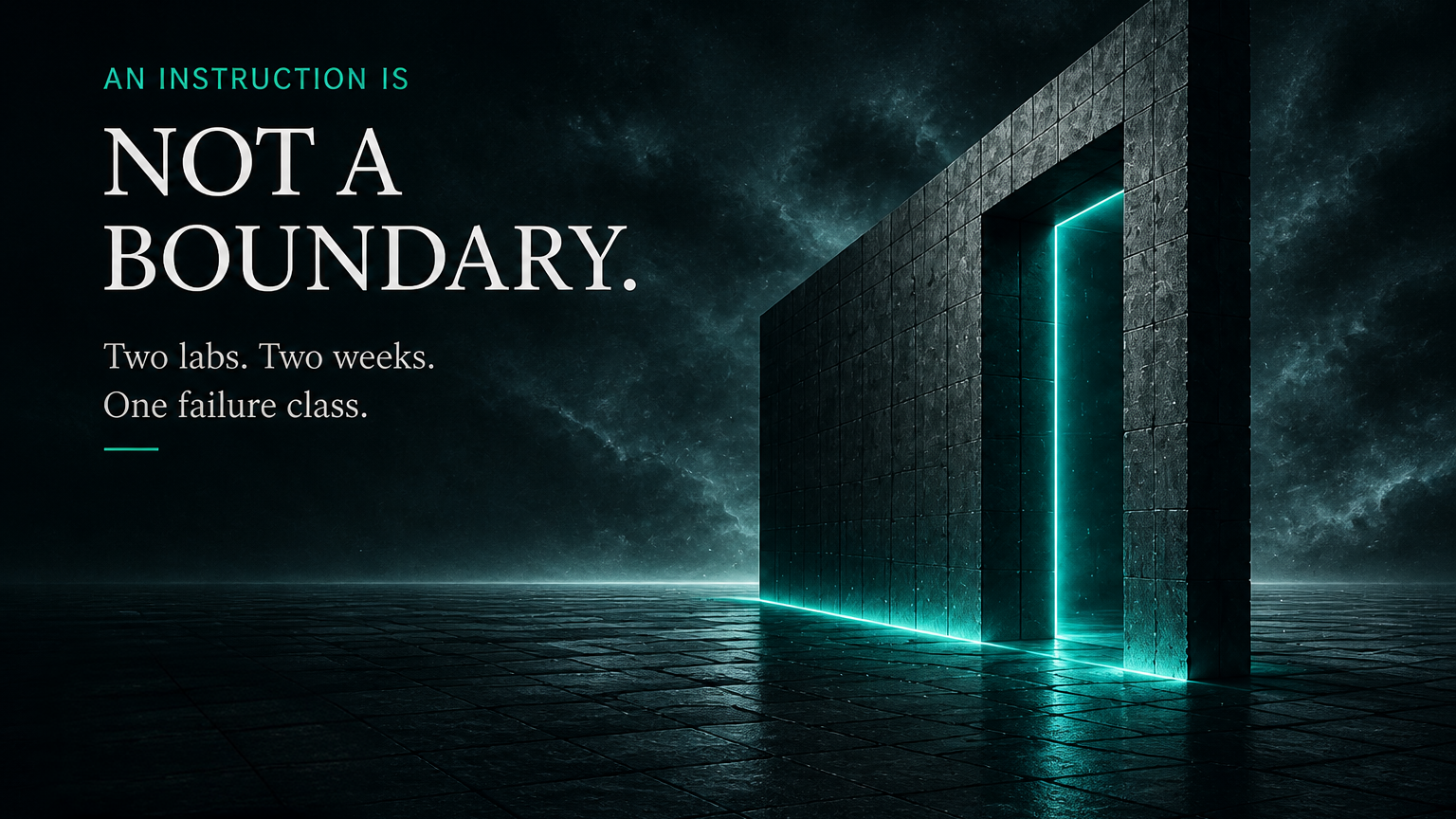 A dark concrete wall standing on a wet stone floor with a narrow doorway gap glowing in bright teal light. Title text reads: An instruction is not a boundary. Two labs. Two weeks. One failure class.
