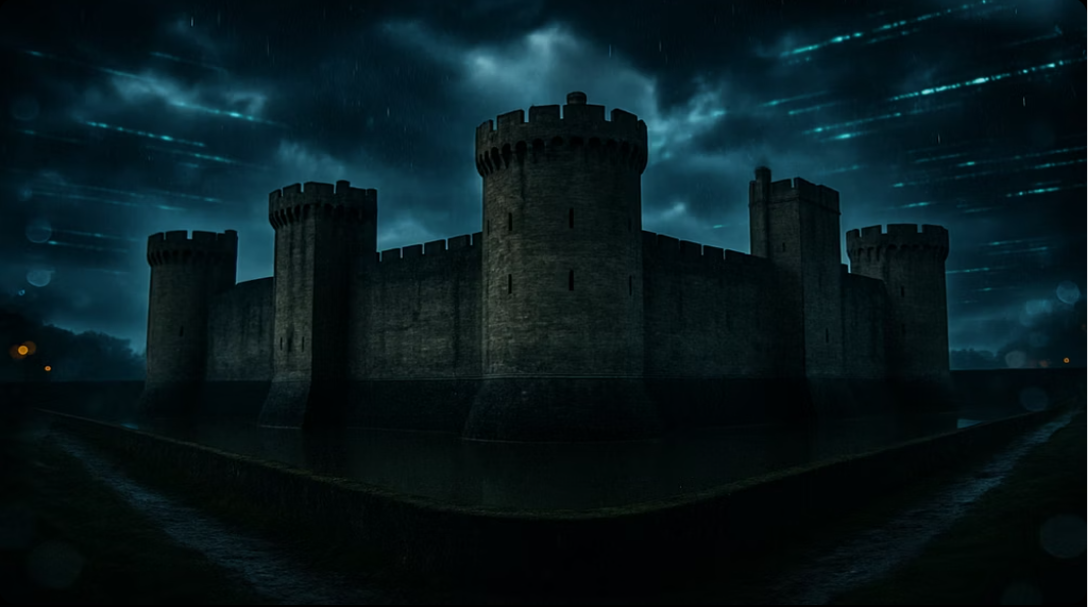 A medieval fortress silhouetted against a stormy teal sky with dynamic lighting. Tall stone towers and defensive walls illustrate the digital fortress fallacy and the evolution from reactive prevention to proactive resilience architecture.