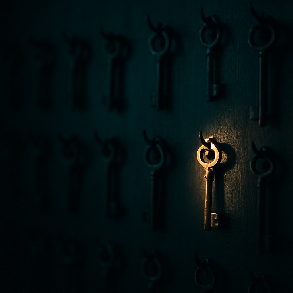 A cluster of faint, ghostly key icons in the dark with one glowing ominous orange. unowned service-account identities attackers love.