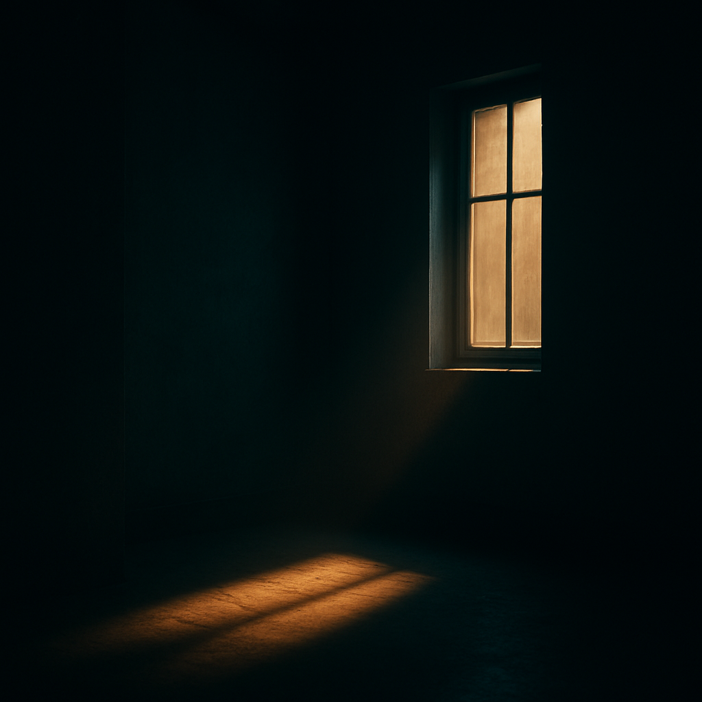 A dark wall with one open window emitting an orange beam beside a faint calendar grid. the predictable patch window attackers exploit.